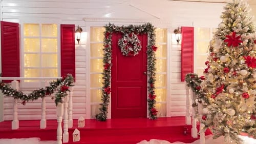 Christmas Decorated Door and Snowy Tree Background