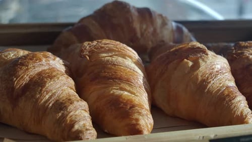Delicious and Freshly Baked Croissants Beautifully Arranged on Display in a Bakery