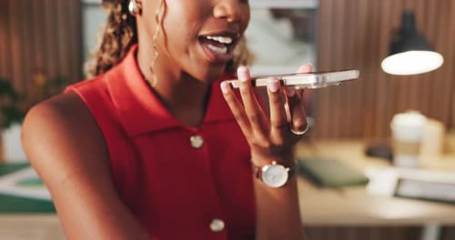 Talking, voice note and black woman with phone for remote work with reminder