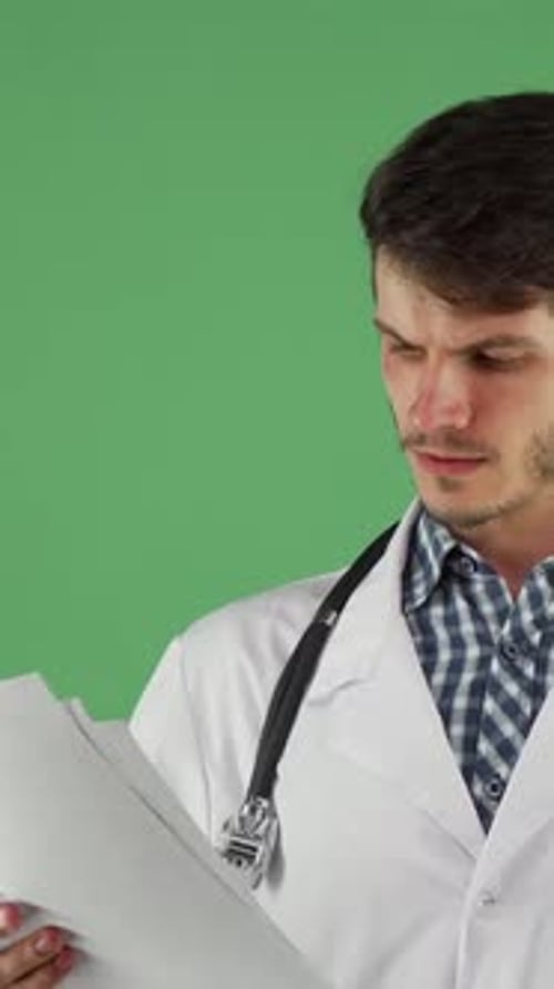 Doctor Reading Medical Reports in Studio Setting