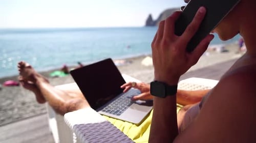 Man Laptop Sea Working Remotely on Seashore Happy Successful Man Male Freelancer Working on Laptop
