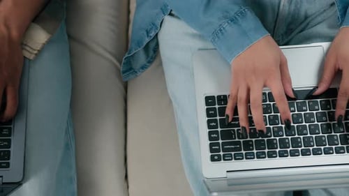 Top View Moving Shot Unrecognizable African American Woman Work Laptop Man Job Online Computer