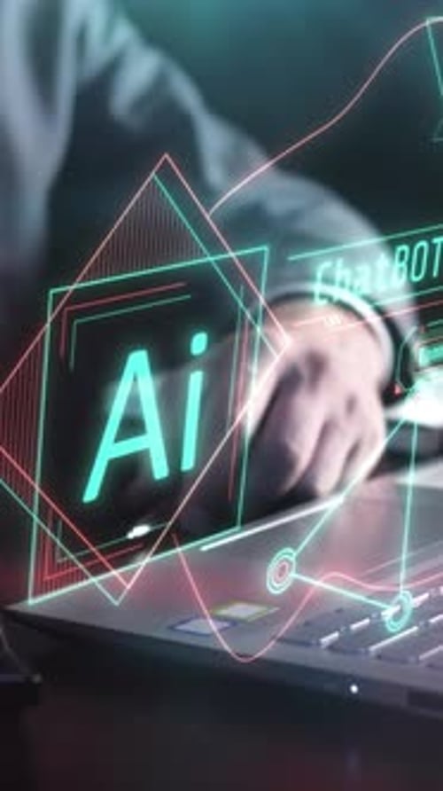 Infographics About AI on the Background of a Man with a Laptop