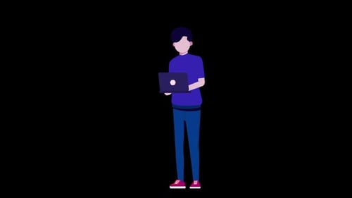 Animated Flat Design Man Holding Laptop