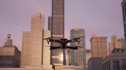 Police Surveillance Drone Against Urban Building at Sunset