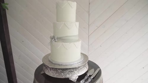 Delicious elegant wedding cake, mounted on a silver base. Knife and shovel aside.