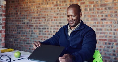 Closing, laptop and smile with black man on construction site for end of planning or research