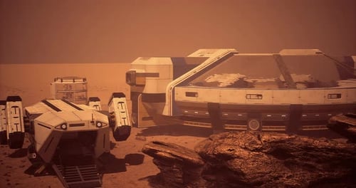 Exploration Base on the Surface of Mars with Robotic Vehicles Nearby