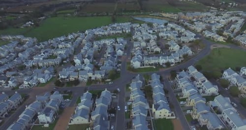 Real estate, houses in countryside with lake and drone, community in nature for agriculture