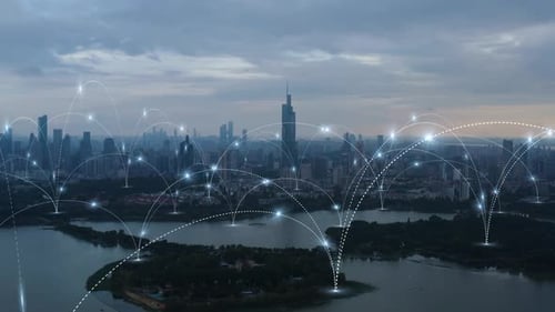smart Connected city skyline. Futuristic network concept, city Technology