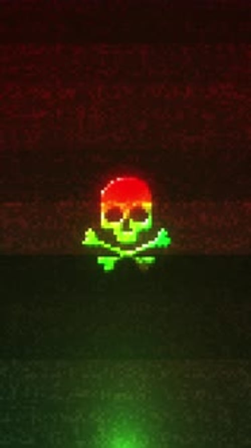 Animated Glitch Skull and Crossbones Vertical Warning