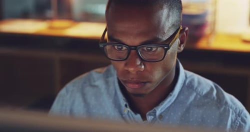 Tech, software and computer specialist working at home on web design, cloud computing or fintech