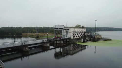 Alternative Energy Hydroelectric Power Station on the River View From Height of the Dam System