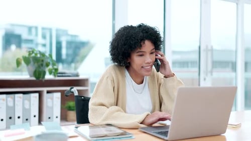 Business, phone call and woman with a laptop, office and conversation with connection