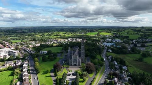 St. Cathedral, County Monaghan, Ireland, September 2022. Drone orbits clockwise around the French Go