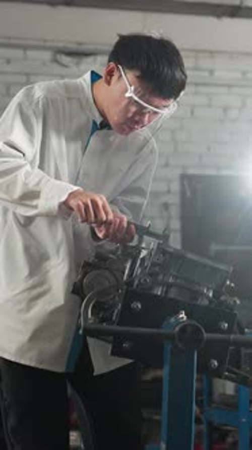 Young Engineers Measuring Engine Thickness in Automotive Workshop with Light Effect