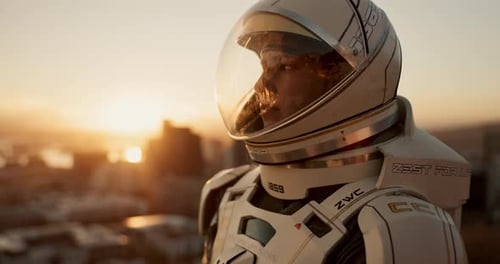 Space, travel and astronaut in city with suit, future dystopia and planet for discovery