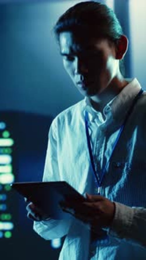 Vertical Video Engineer Walking Through Server Rows