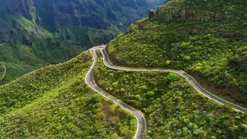 Winding Mountain Road Among High Green Hills Cars Drive Through the Curve Along the Highway