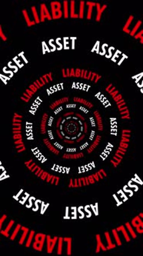 Vertical Infinite tunnel of Liability and Asset words looping on a black background