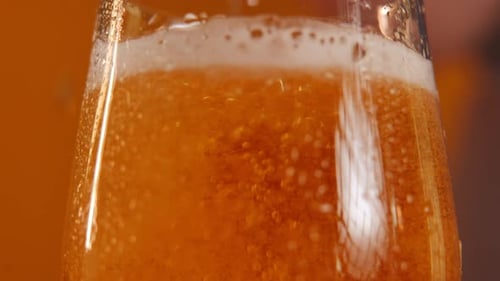 Closeup Beer Bubbling Pouring in Transparent Glass at Orange Background Closeup Refreshing Drink