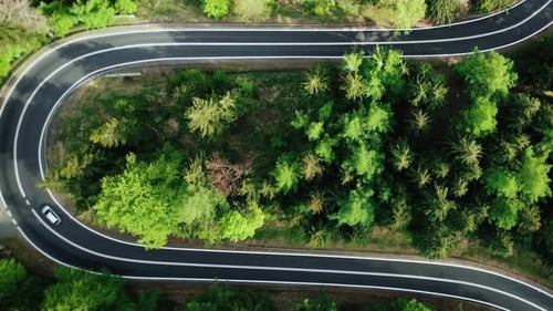 Aerial view from above down a scenic mountain road in a coniferous forest.