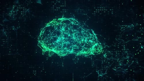 Rotating Futuristic Green Plexus Brain with Glowing Effects on Digital Data Background