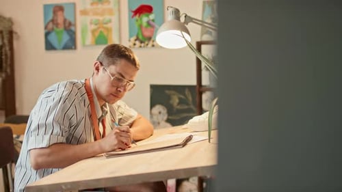 Man Drawing at Table With Lamp in Art Studio
