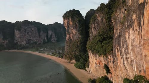 Aerial Orbit Railay Limestone Cliffs Resort Beach Krabi