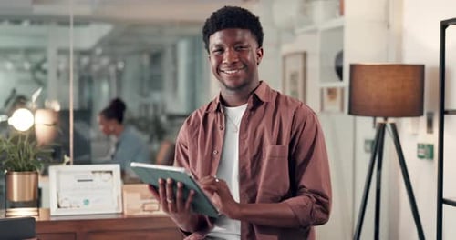 Tablet, face and planning with business black man in office for magazine editor