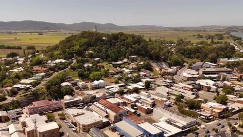 Drone over Murwillumbah looking north in northern New South Wales in Spring