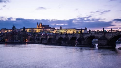 Day to night sunset timelapse from Prague, Czech Republic with a view of Prague Castle, Charles Brid