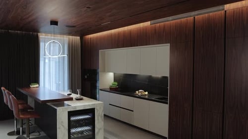Modern Kitchen with Wood Paneling and Bar Seating