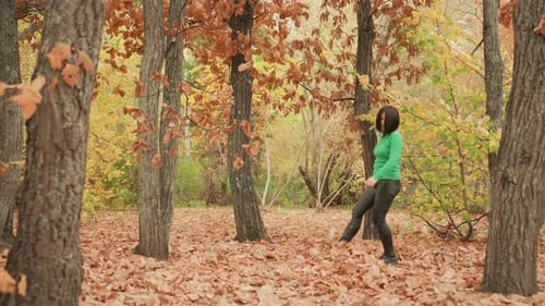 Serene Woodland Stroll Calm Fall Forest Trail Walk Relaxed Lady Enjoying Autumn Woodland Walk