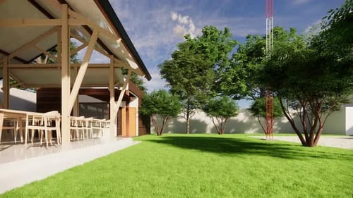 Modern outdoor dining pavilion with lush green lawn and trees, perfect for events