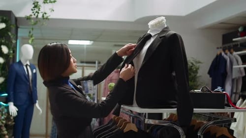 Woman Adjusting Suit Jacket in Clothing Store