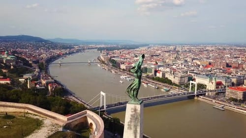 Liberty statue of Budapest, Hungary, with general city view