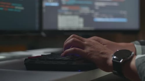 Close Up Of Male Programmer's Hands Typing On Desktop Computer Creating Software Engineer Developing