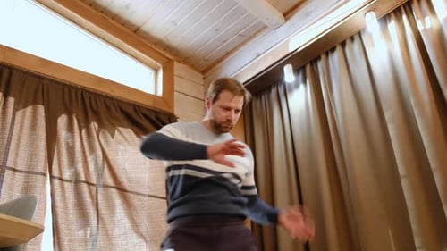 Handsome Bearded Man Dance Have Fun at Home Listens Song Moves to Music Feels Overjoyed Celebrate