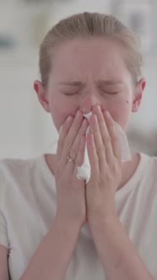 Woman Blowing Her Nose with Tissue, Feeling Sick