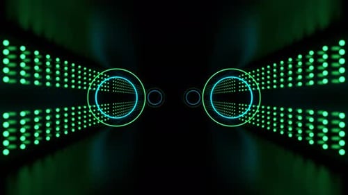 Cyan And Green Digital Corridor With Bright Neon Circles Background Vj Loop In 4K