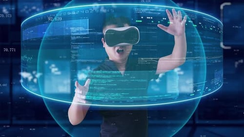 Futuristic VR Interface with Dynamic Data and Code Visualization
