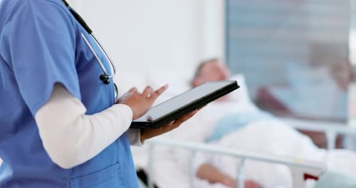 Tablet, woman hands and nurse at hospital with elderly patient and medical results in ICU