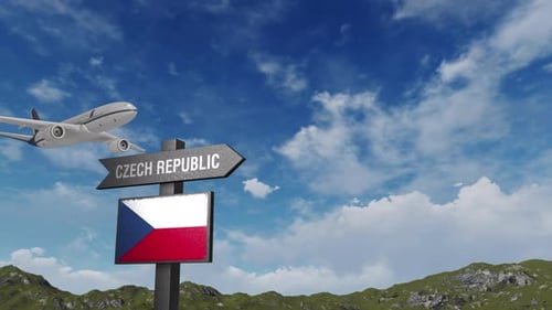 Czech Republic Flag With Airplane And Arrow Sign