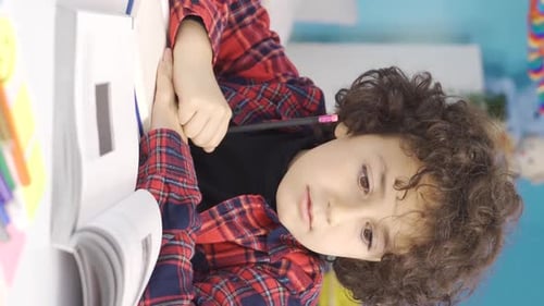 Vertical Video of Happy boy studying at his desk. Primary school student.