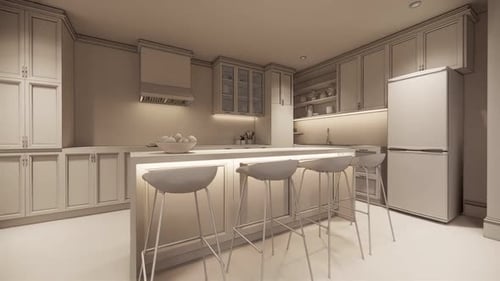 Modern kitchen with island and stools in elegant beige tones
