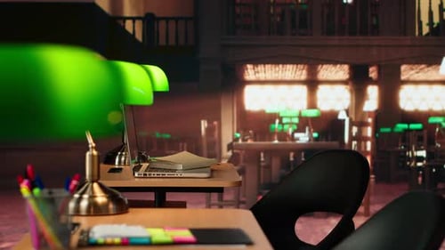 Empty Old Fashioned Library Filled with Vintage Decorations and Wooden Desks