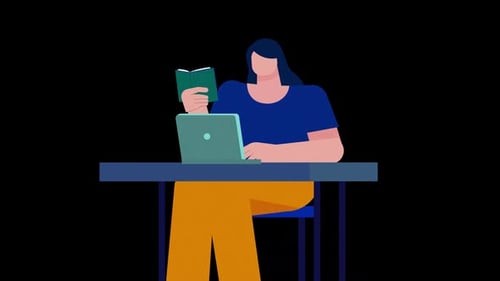Flat Design Animation of Person Working on Laptop and Reading Book