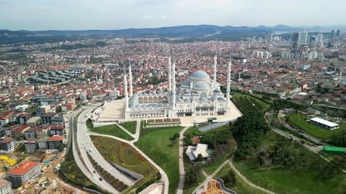 Drone shot of Camlica Mosque and Umraniye district circle shot