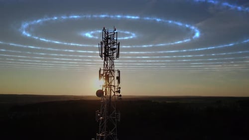 Antenna signal animation, radio waves emitted from a cell phone radio tower.